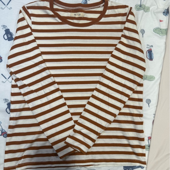 Madewell Tan and White Striped long-sleeved shirt size small - Picture 2 of 14